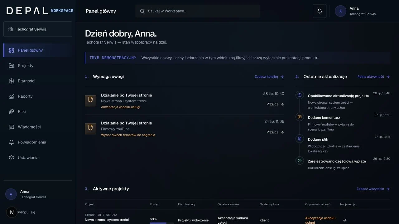 Panel główny DEPAL Workspace z zadaniami wymagającymi uwagi, ostatnimi aktualizacjami i aktywnym projektem.